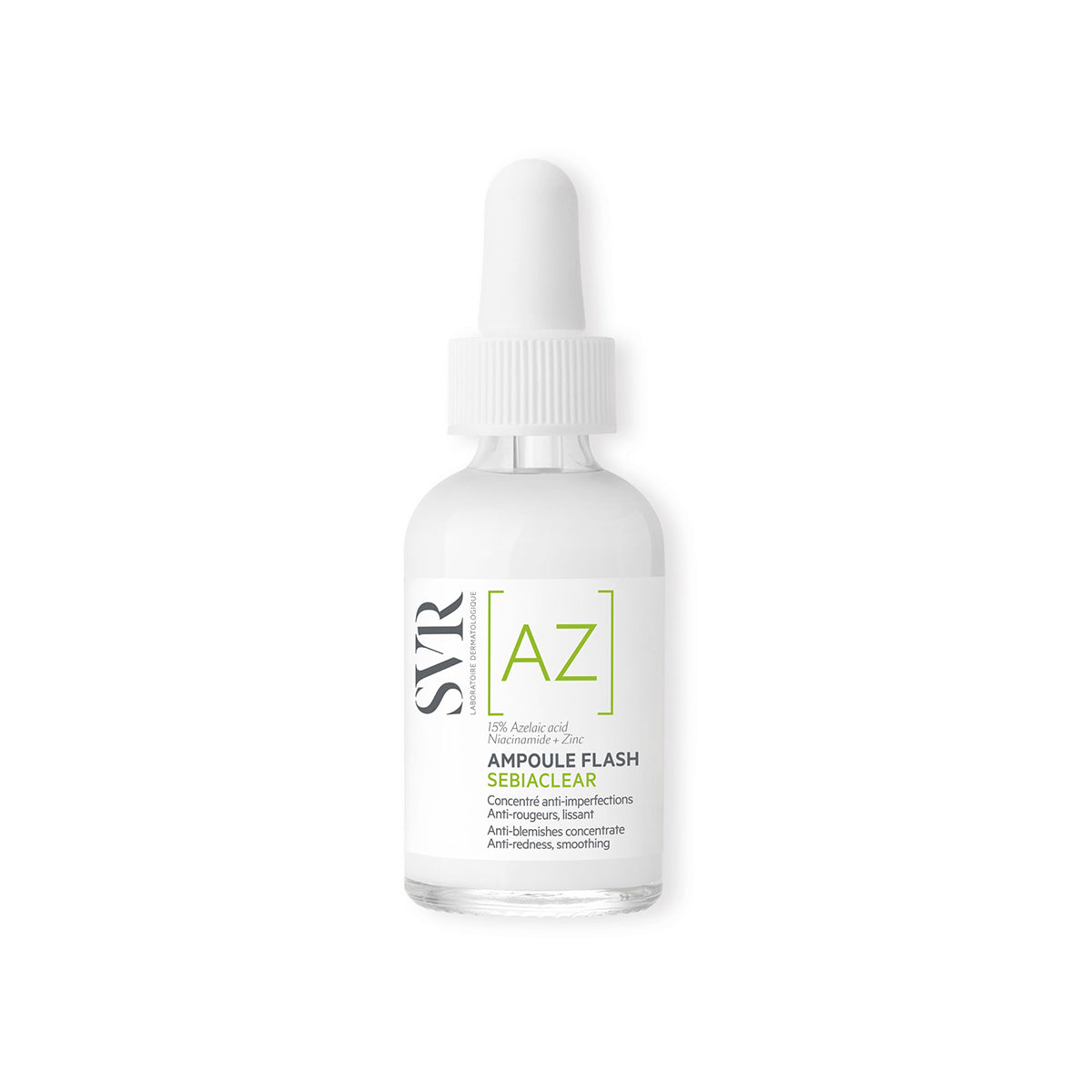 Frasco de vidro transparente com conta-gotas branco do sérum SVR Sebiaclear Ampoule AZ com rótulo branco e detalhes em verde.