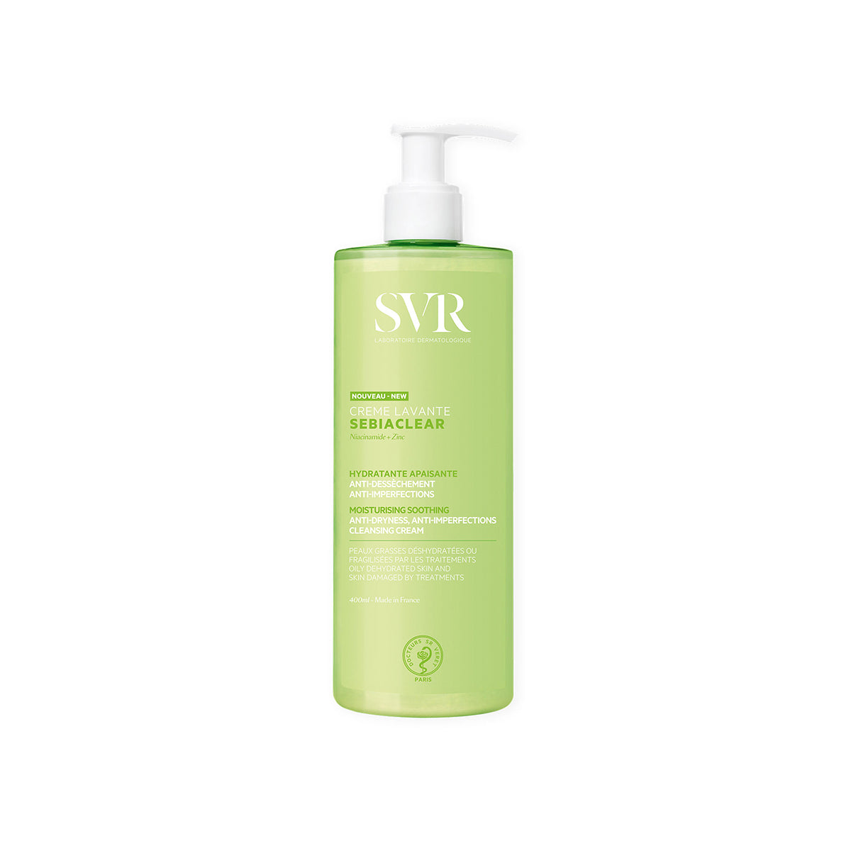 Frasco de 400ml de SVR Sebiaclear Creme Lavante com doseador branco e embalagem verde translúcida.