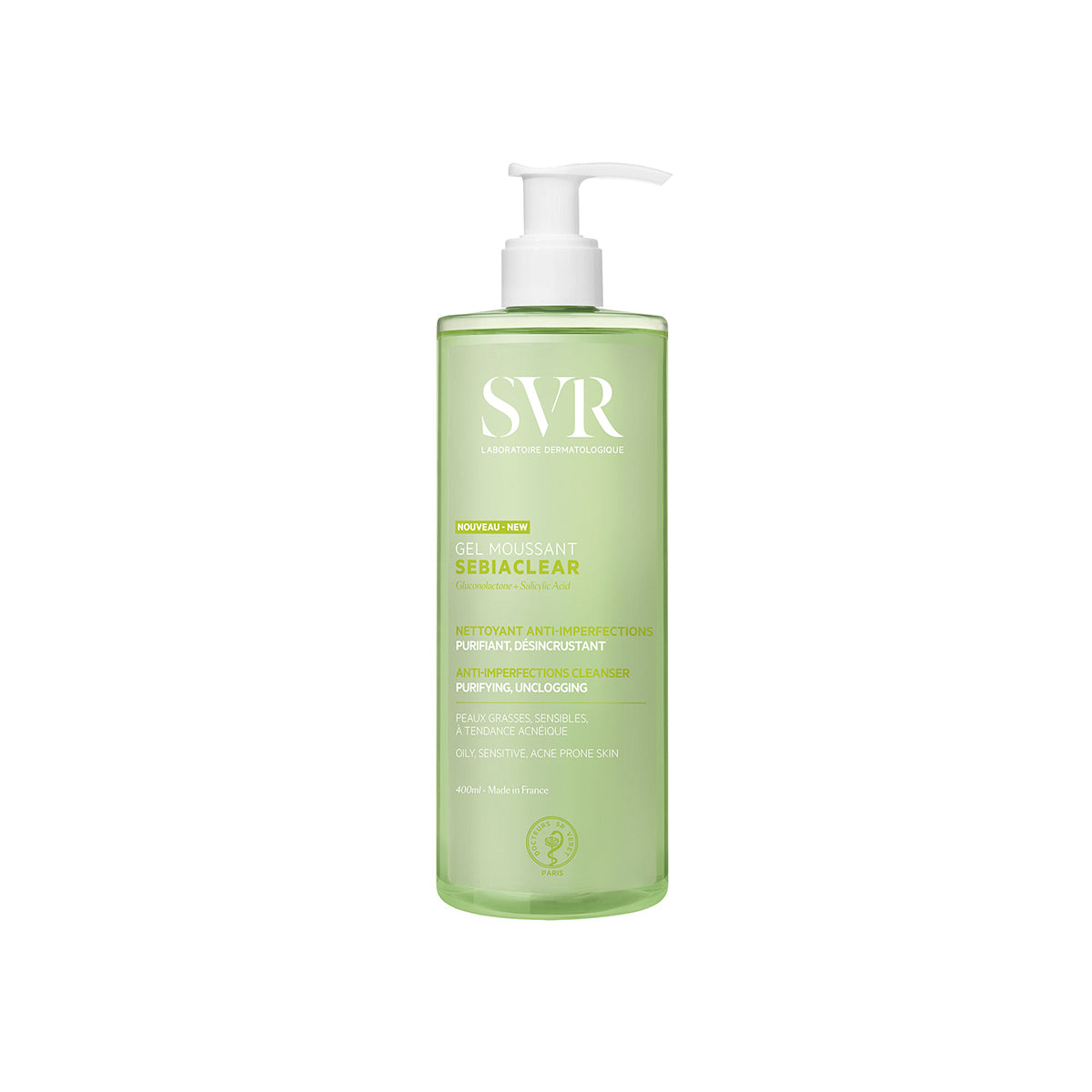 Frasco de 400ml de gel de limpeza SVR Sebiaclear verde translúcido com doseador branco para pele oleosa e acneica.