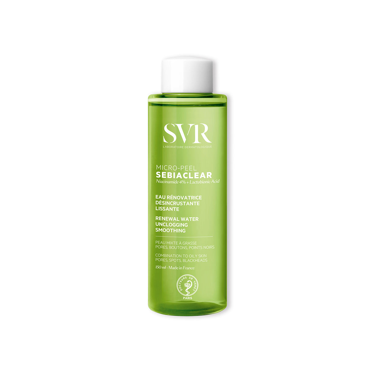 Frasco de 150ml de SVR Sebiaclear Micro-Peel, uma água dermatológica verde transparente para pele oleosa e com imperfeições.