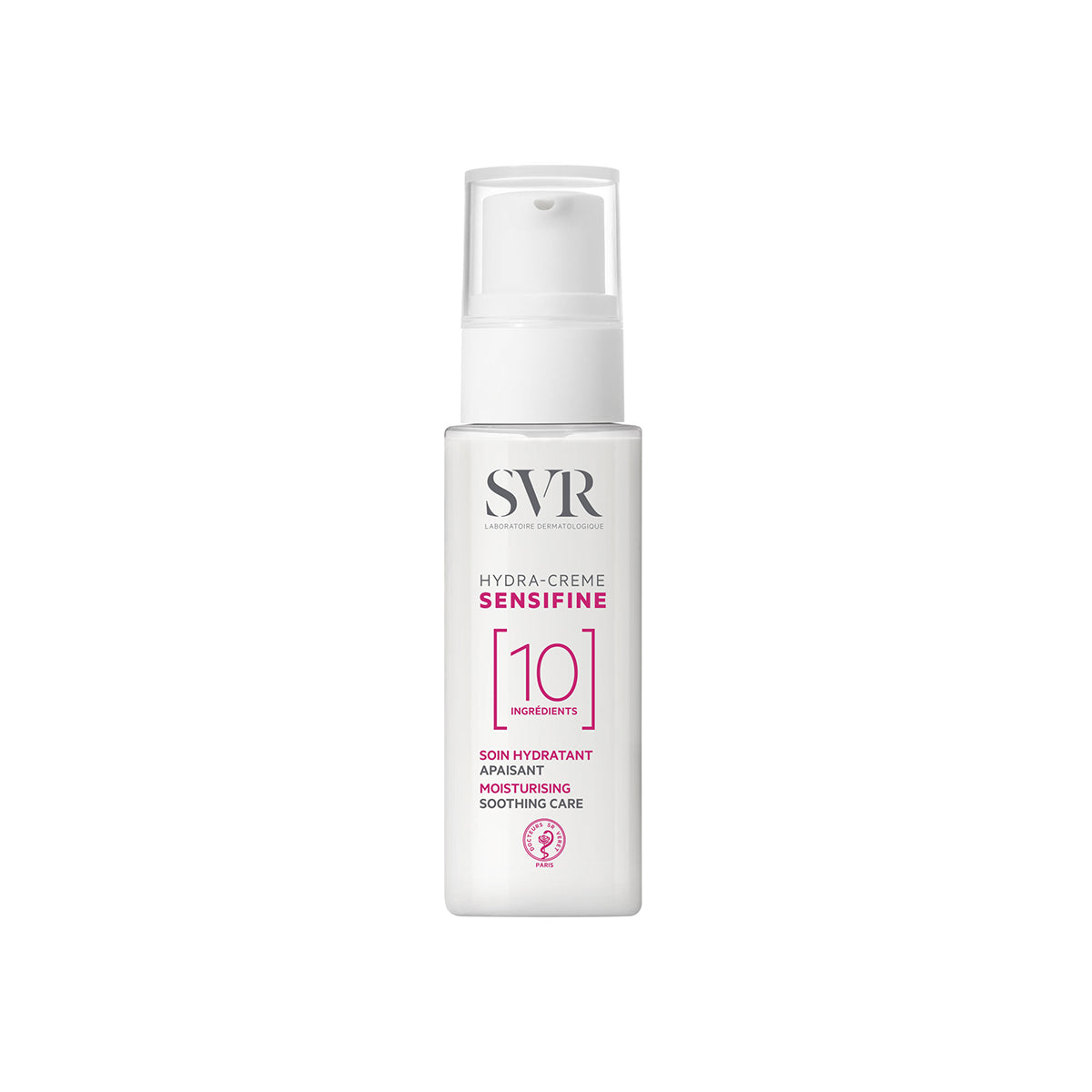 Embalagem branca de SVR Sensifine Hydra-Creme com tampa transparente e dosador, destacando o número 10 em rosa no rótulo.
