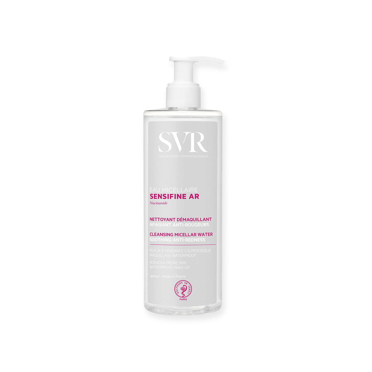 Frasco transparente de 400ml SVR Sensifine AR Eau Micellaire com doseador branco para pele com tendência a vermelhidão.