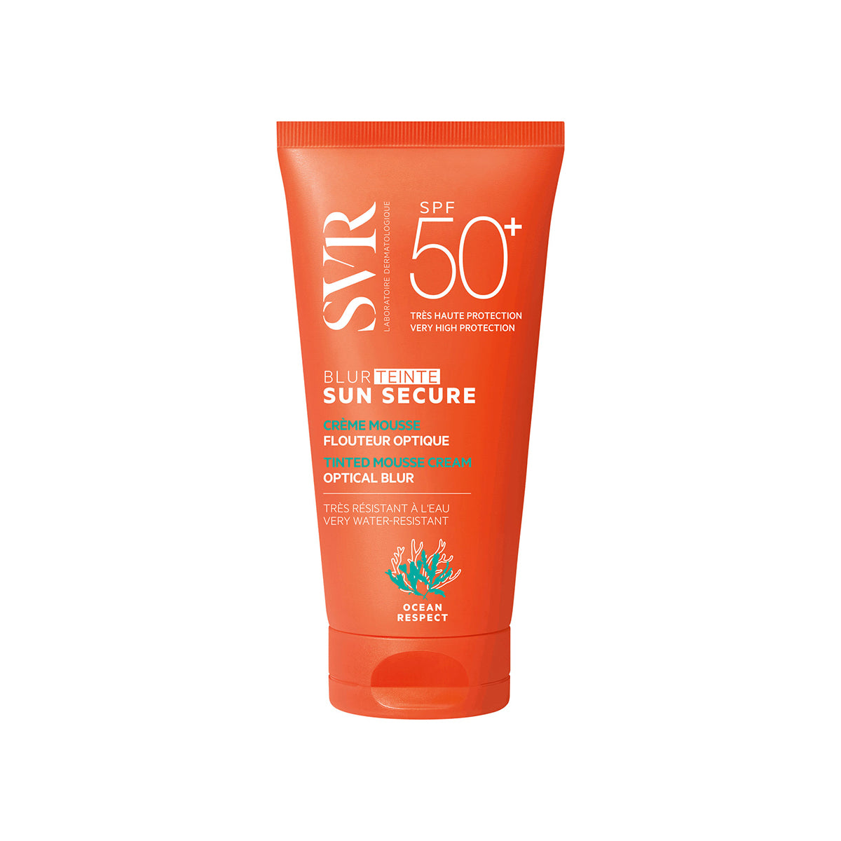 Embalagem laranja de SVR Sun Secure Blur Teinté SPF50+, creme mousse protetor solar com acabamento aveludado.