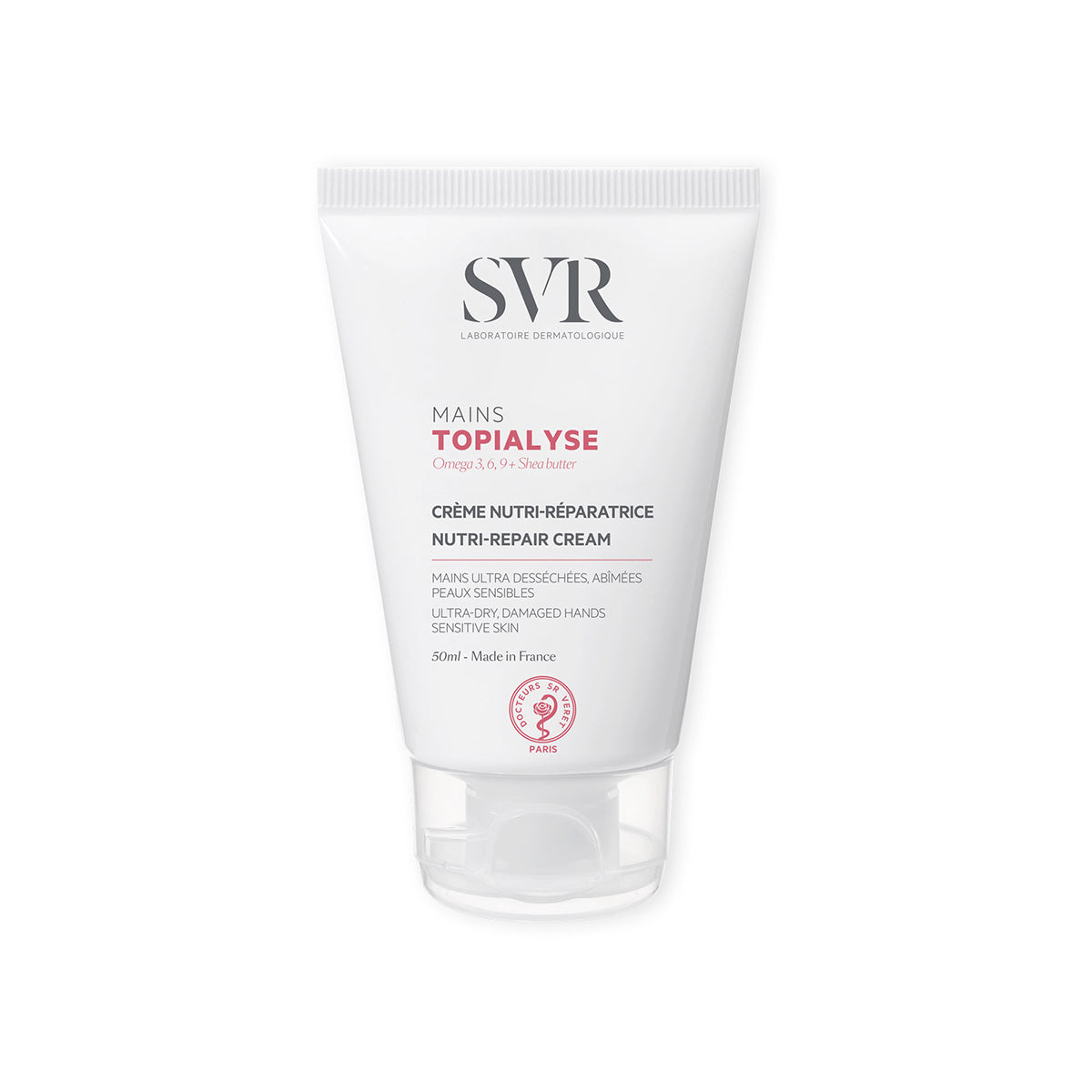 Tubo branco de 50ml do creme reparador de mãos SVR Topialyse com tampa transparente e rotulagem em tons de rosa e cinza.