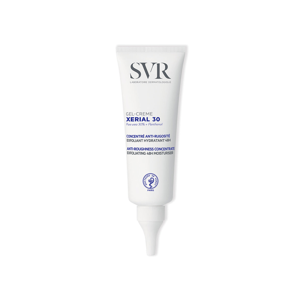 Tubo branco de SVR Xerial 30 Gel-Crème com tampa de rosca, focado em hidratação e redução de rugosidades da pele.