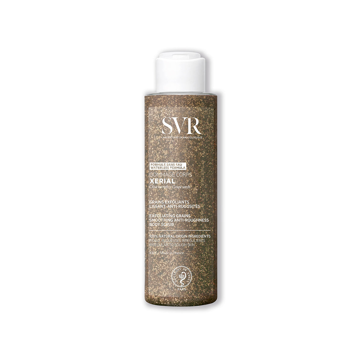 Embalagem cilíndrica transparente de SVR Xerial Gommage com esfoliante granulado castanho e tampa branca de abertura fácil.