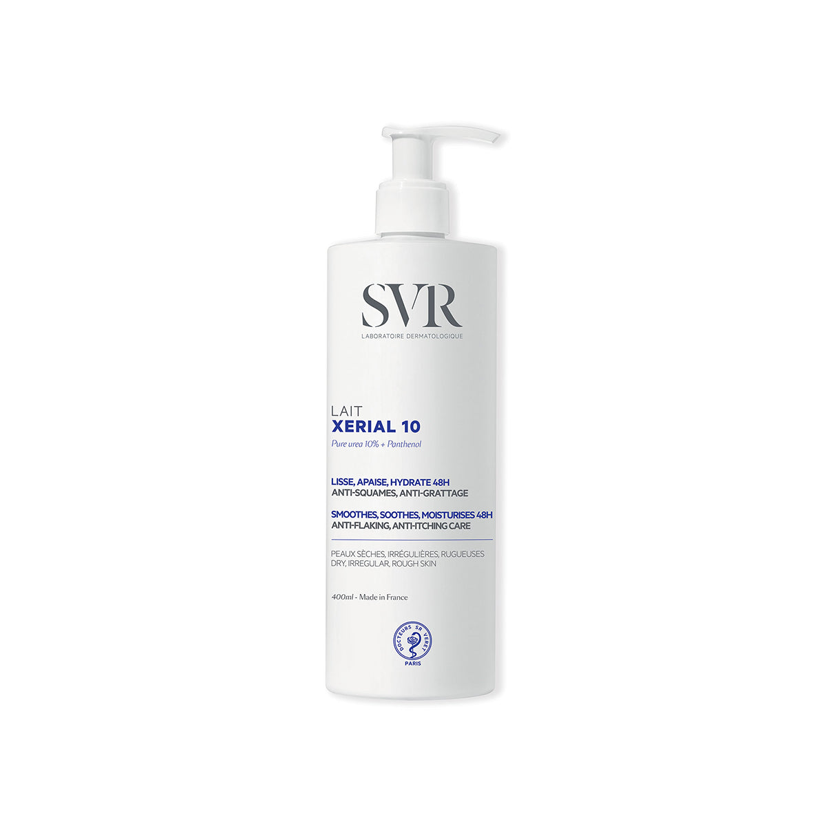 Frasco branco de 400ml de loção corporal SVR Xerial 10 com doseador, para pele seca e descamativa.