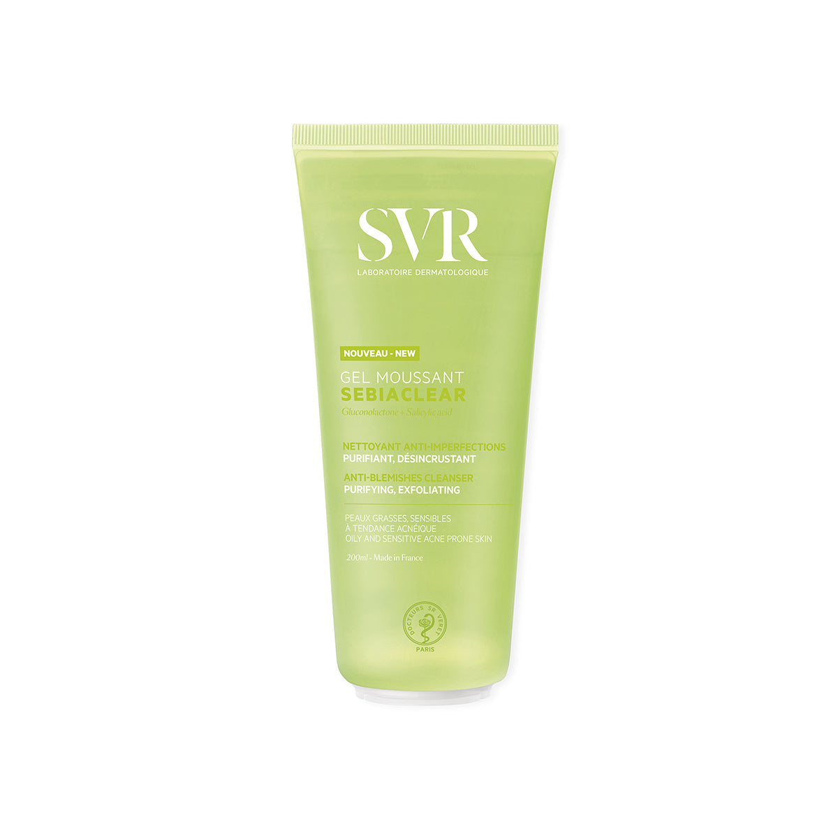 Embalagem de 200ml do gel de limpeza SVR Sebiaclear verde translúcido para pele oleosa e sensível com tendência acneica.