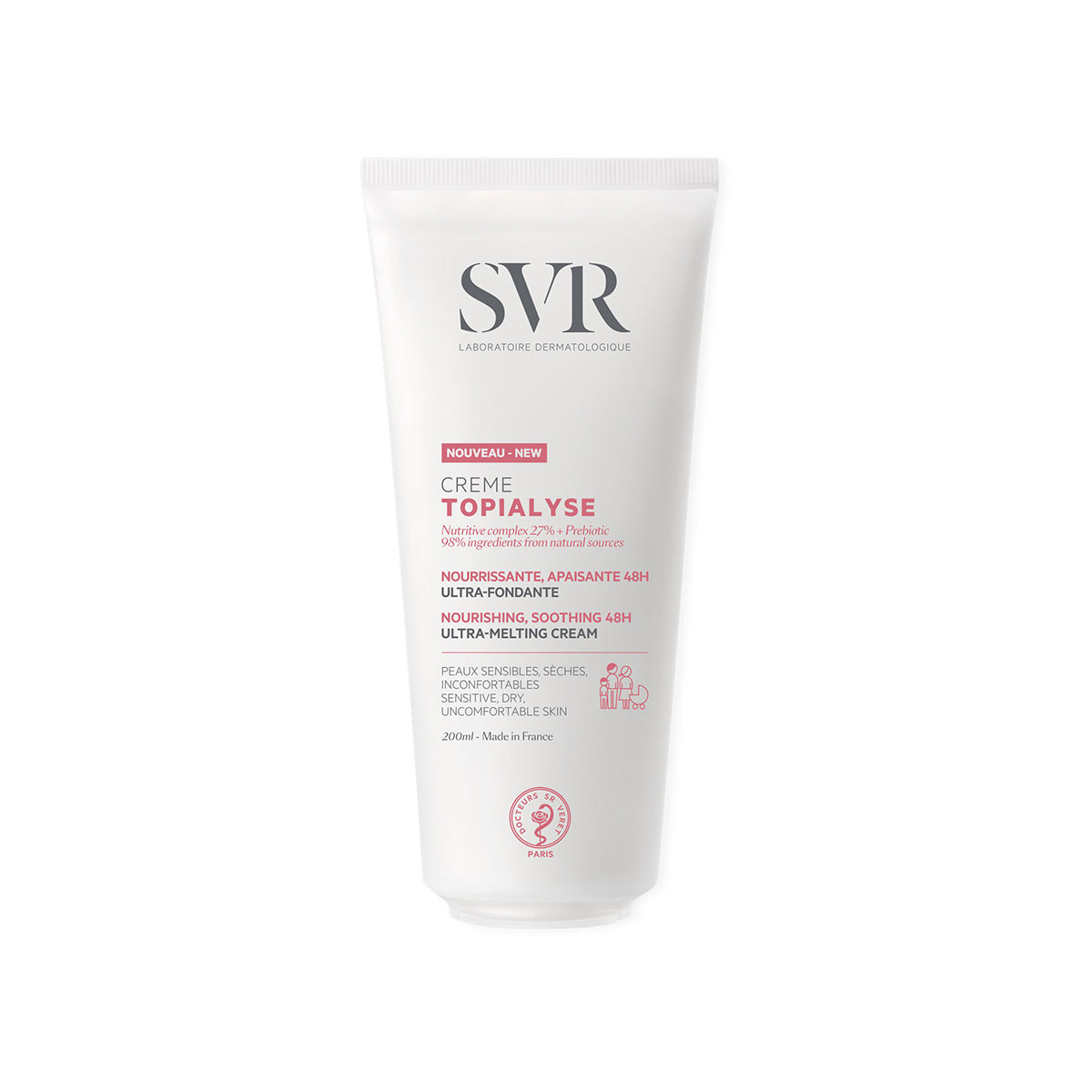 Embalagem branca de 200ml do creme hidratante SVR Topialyse para pele seca e sensível, com design minimalista e texto informativo.