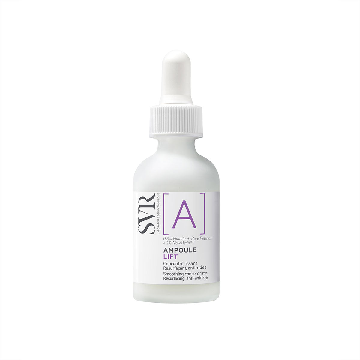 Frasco de vidro fosco com conta-gotas branco do sérum SVR Ampoule [A] Lift com rótulo roxo e branco.