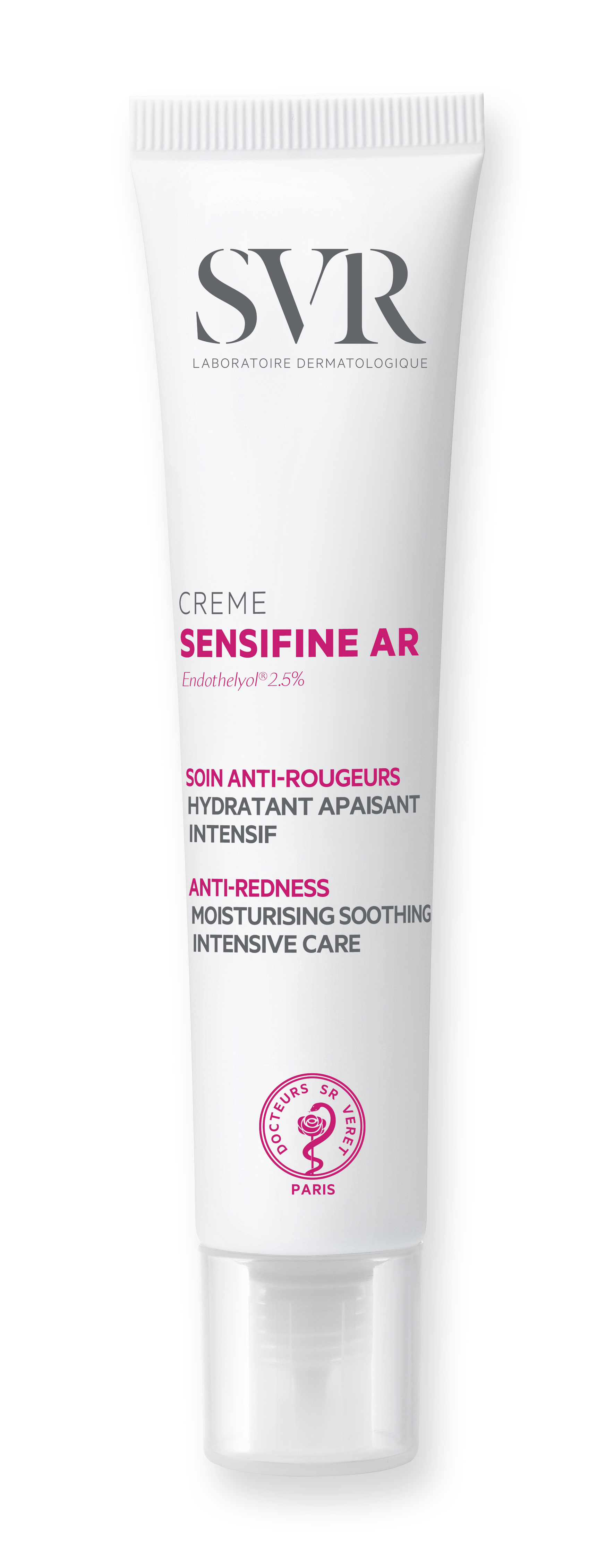 Bisnaga branca de creme SVR Sensifine AR com tampa transparente e detalhes em rosa para cuidados anti-vermelhidão.