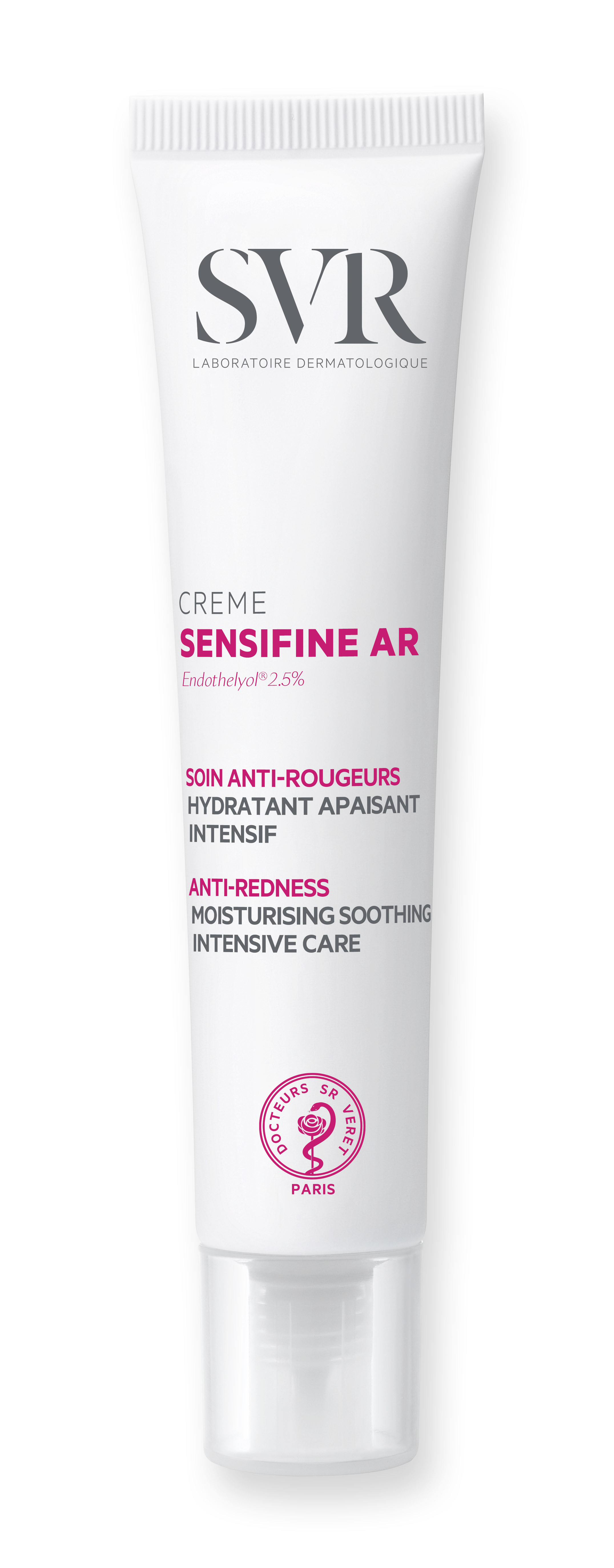 Bisnaga branca de creme SVR Sensifine AR com tampa transparente e detalhes em rosa para cuidados anti-vermelhidão.