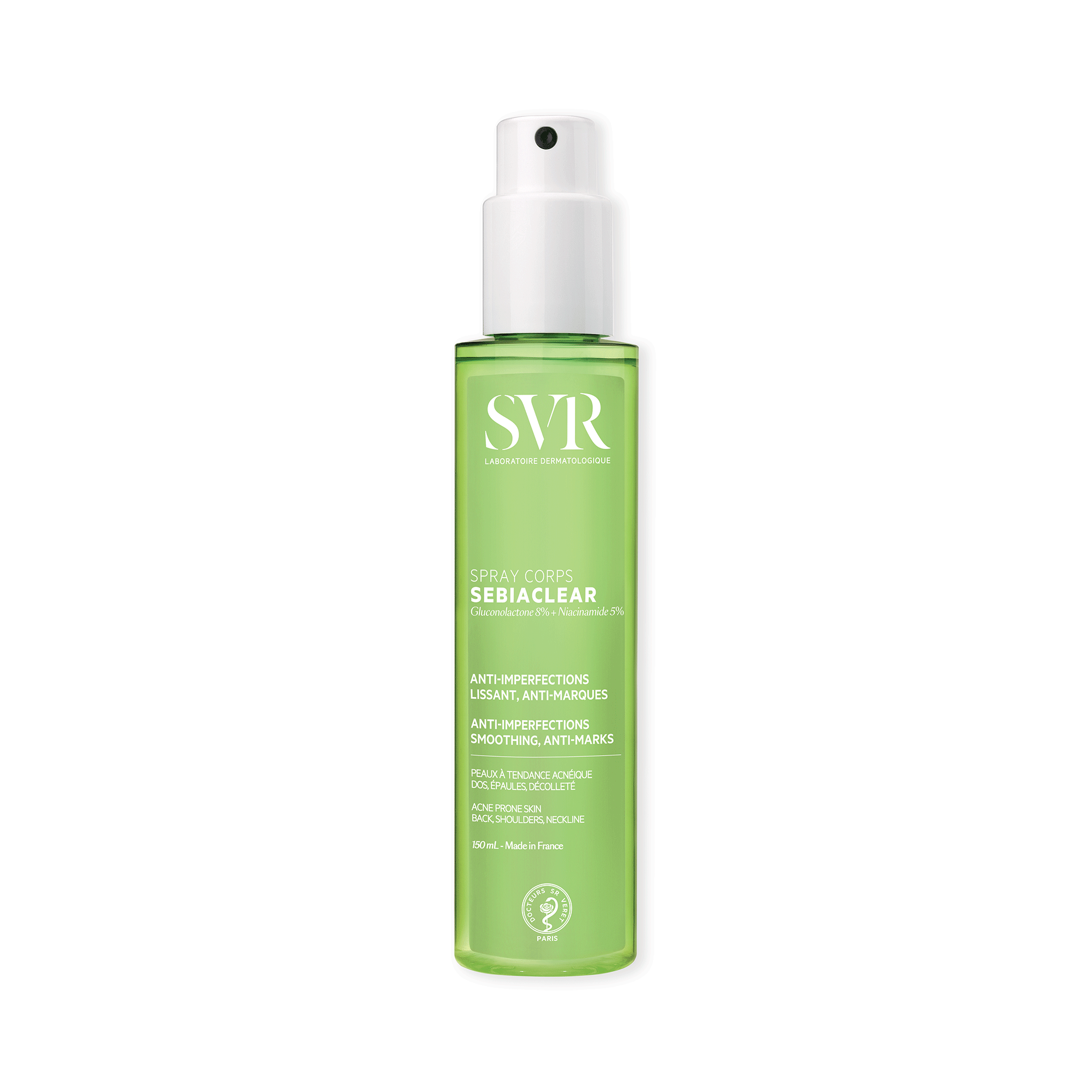 Frasco spray verde de 150ml SVR Sebiaclear para cuidados corporais de peles com imperfeições e tendência acneica.
