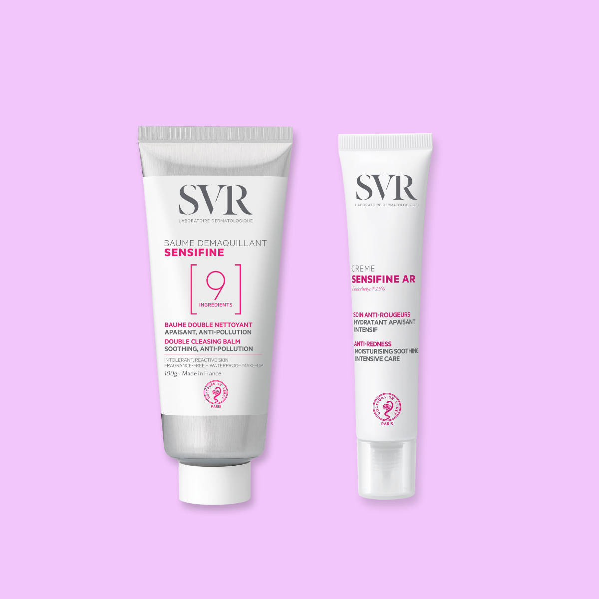 Tubos brancos de SVR Sensifine: um bálsamo de limpeza de 100g e um creme anti-vermelhidão AR sobre fundo lilás.